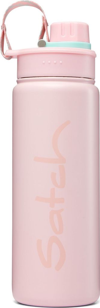 A pink water bottle with a light blue accent on the lid and a pink strap.