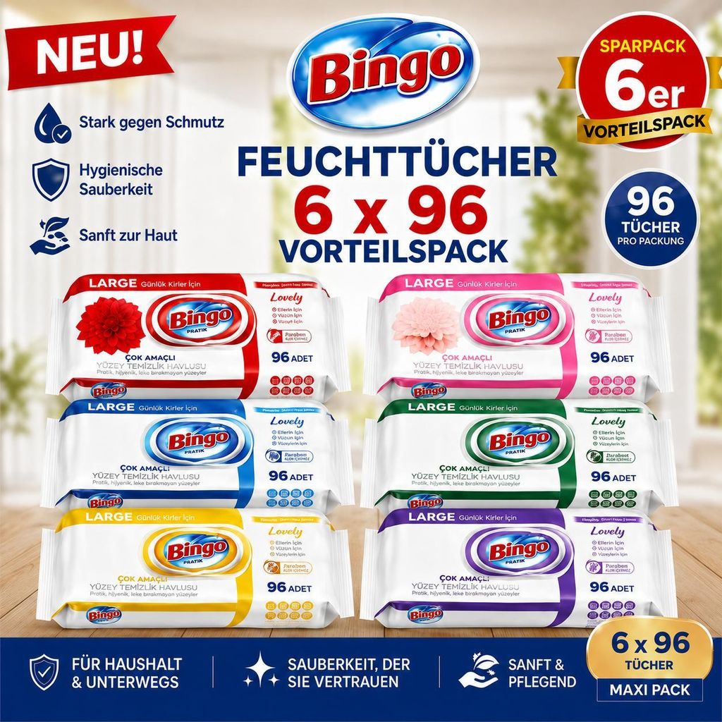 Bingo Feuchttücher Mix Set 6x96 Blatt – 6 Düfte – Mehrzweck Produktbild 