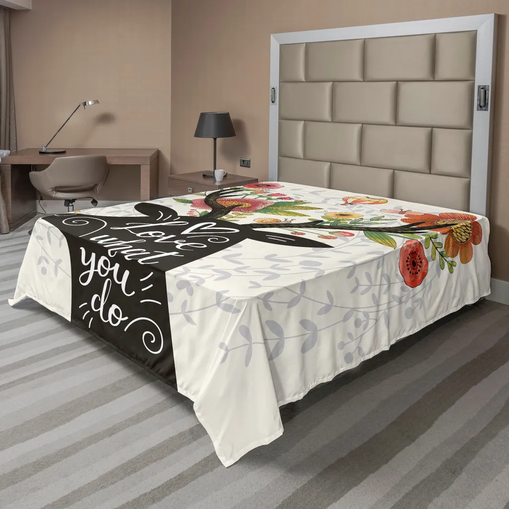 ABAKUHAUS Lenzuolo con proverbio, silhouette di cervo con corna e messaggio "Ama ciò che fai", fiori disegnati a mano, lenzuolo morbido e confortevole per un letto decorativo, 1 pezzo, 260 cm x 228 cm, multicolore rosa
