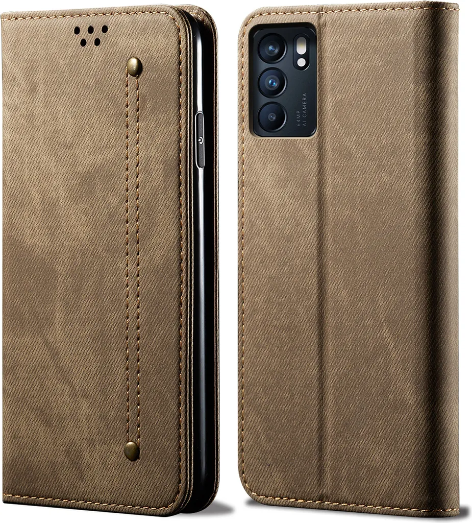 Cover Portafoglio OPPO Reno6 Z Khaki - Pelle e Chiusura Magnetica