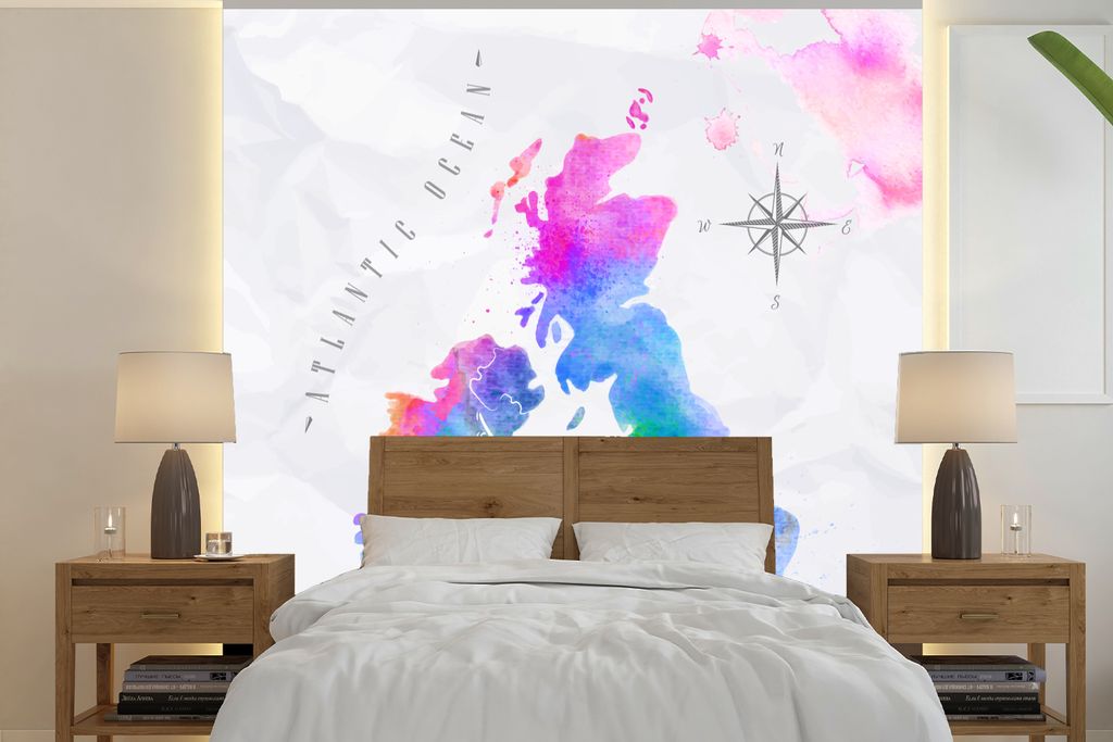 MuchoWow Fototapete für Wohnzimmer oder Schlafzimmer Wandtapete Vinyl Motivtapete Weltkarte - England - Ölfarbe - 300x300 cm - Wanddekoration