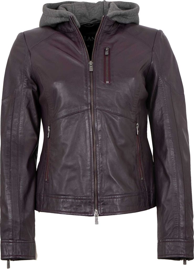 Jilani - Damen Lederjacke Lammnappa Kapuze dunkellila : 40