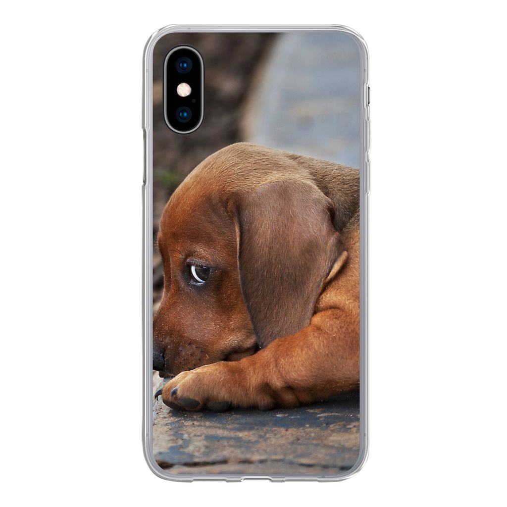 MuchoWow Handyhülle Schutzhülle Hülle für iPhone X Dackelwelpe liegt am Rande des Bürgersteigs Silikon Softcase Handy Hülle - Handyhülle