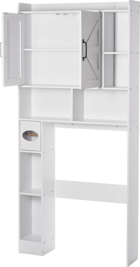 A white bathroom storage cabinet designed to fit over a toilet, shown from the front.
