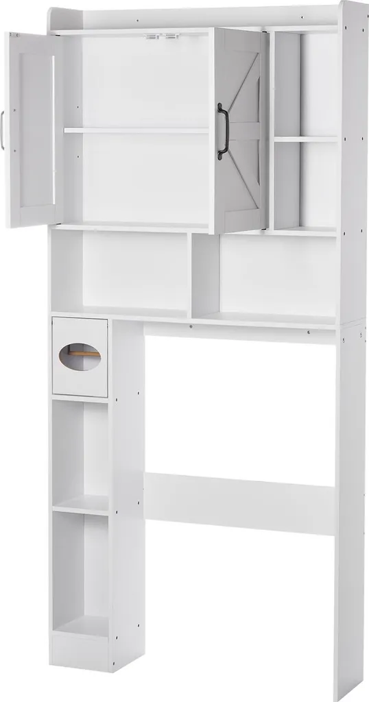Meuble Dessus Toilettes avec Placard et Étagère Ajustable Blanc Brillant