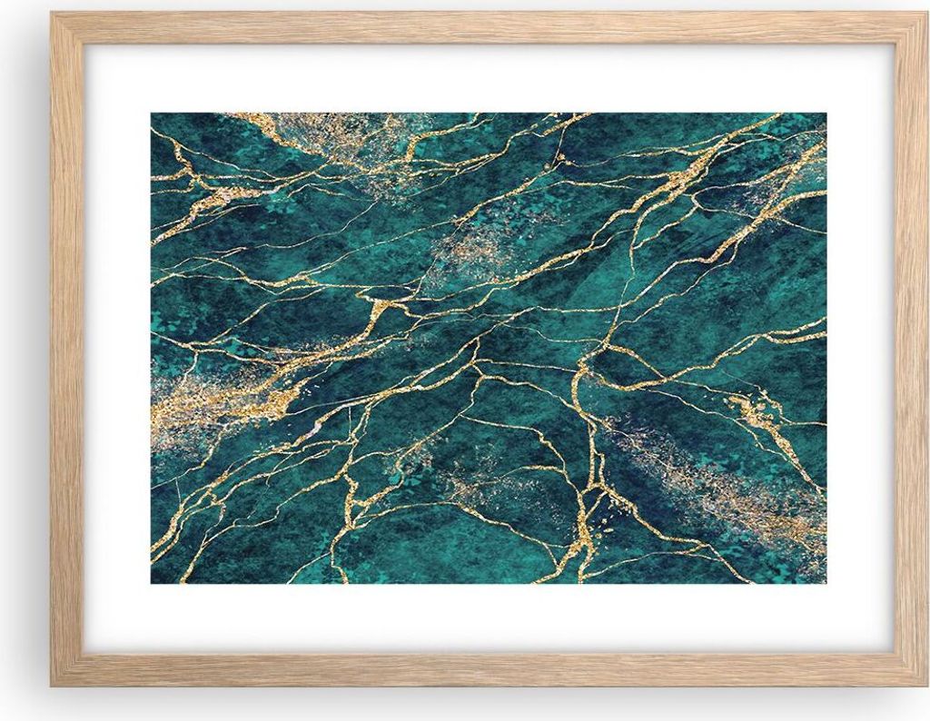 Gerahmtes Poster - Rahmen in heller Eiche - Abstraktion Gold Türkis - 40x30 cm - Wand Bild - Wanddeko - Wandbilder - Kunstposter - Wandposter - Bi...
