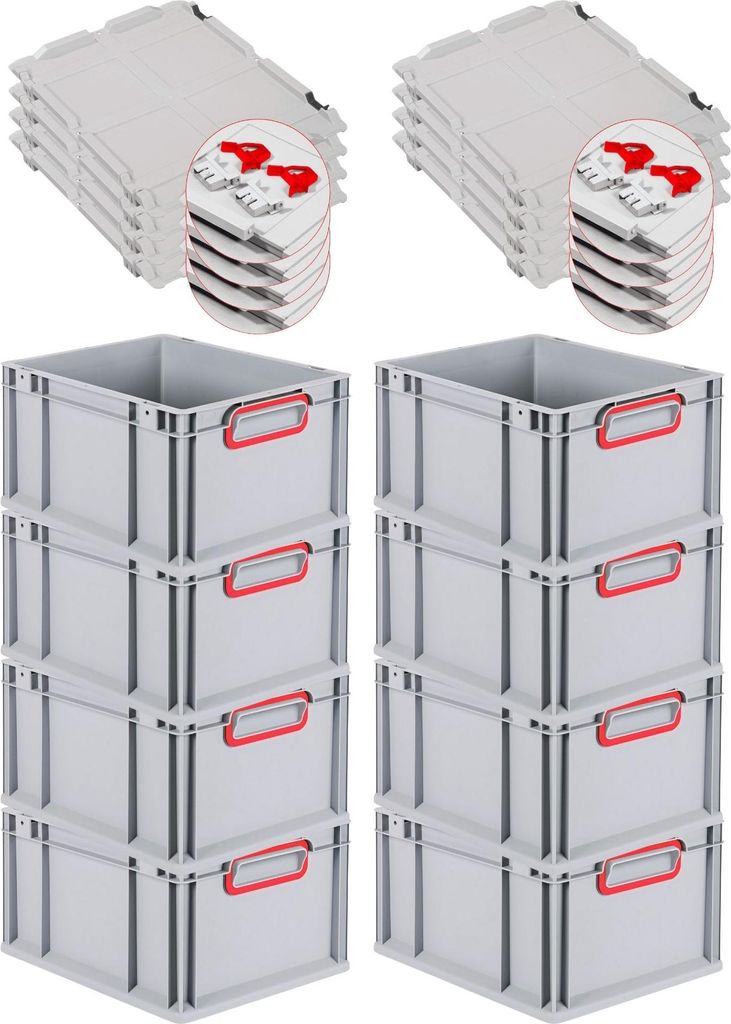 SuperSparSet 8x Eurobox NextGen Color mit Scharnierdeckel und Schiebeschnappverschlüssen | HxBxT 22x30x40cm | 20 Liter | Griffe rot geschlossen | ...