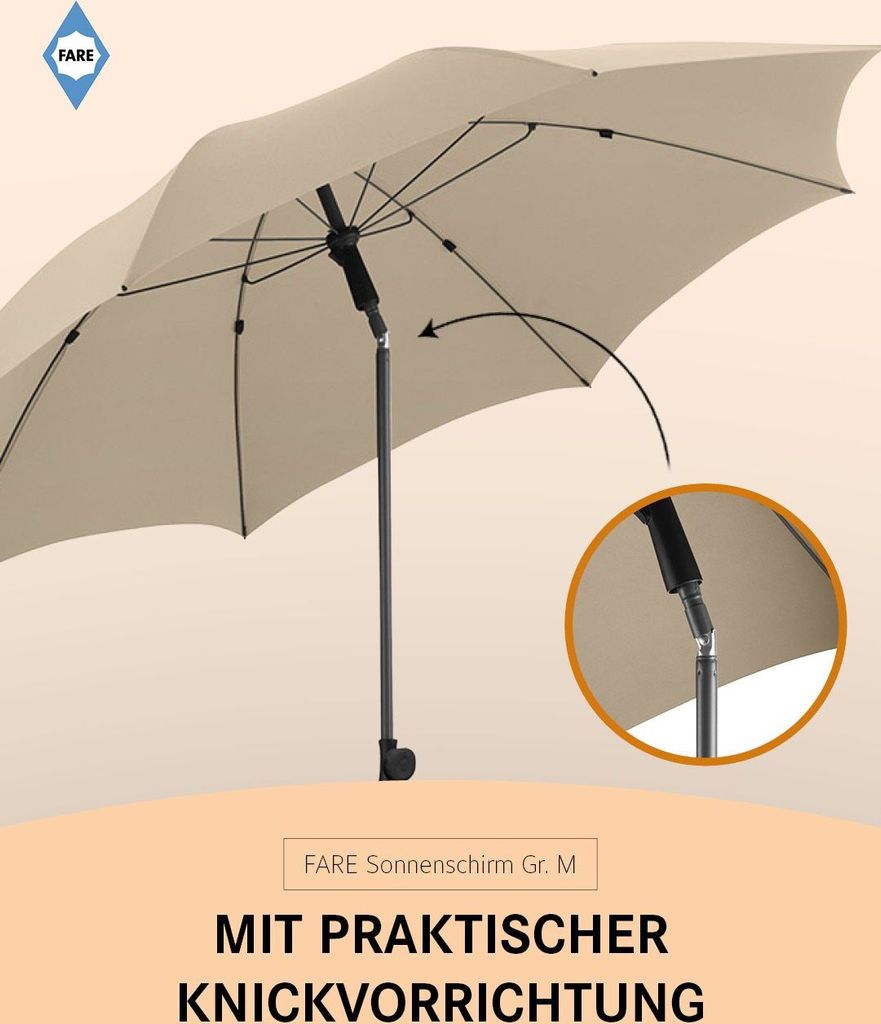 FARE Sonnenschirm M Höhenverstellbar Knickvorrichtung Lichtschutzfaktor UPF 50+ 180cm, Farbe:Natur
