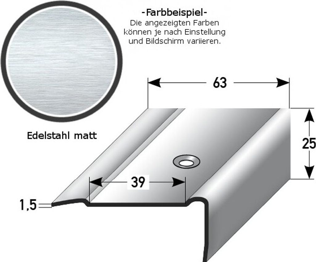 Treppenkante "Mirabella" / Kombiwinkel / Winkelprofil, Breite: 63 mm, verschiedene Höhen von 25 - 45 mm, aus Edelstahl (matt), gebohrt, von Auer M...