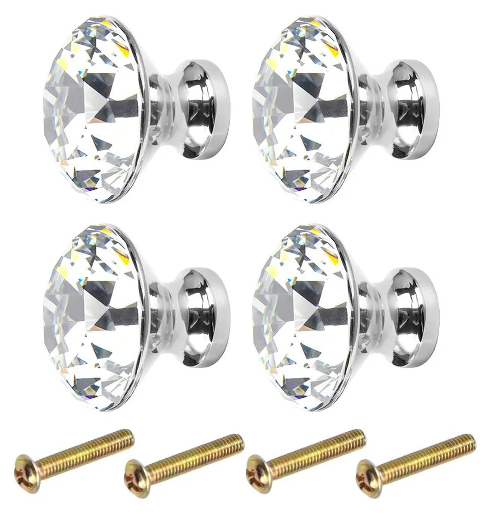 Boutons d'Armoire Argentés en Cristal Diamant, Set de 4 Pièces Chic