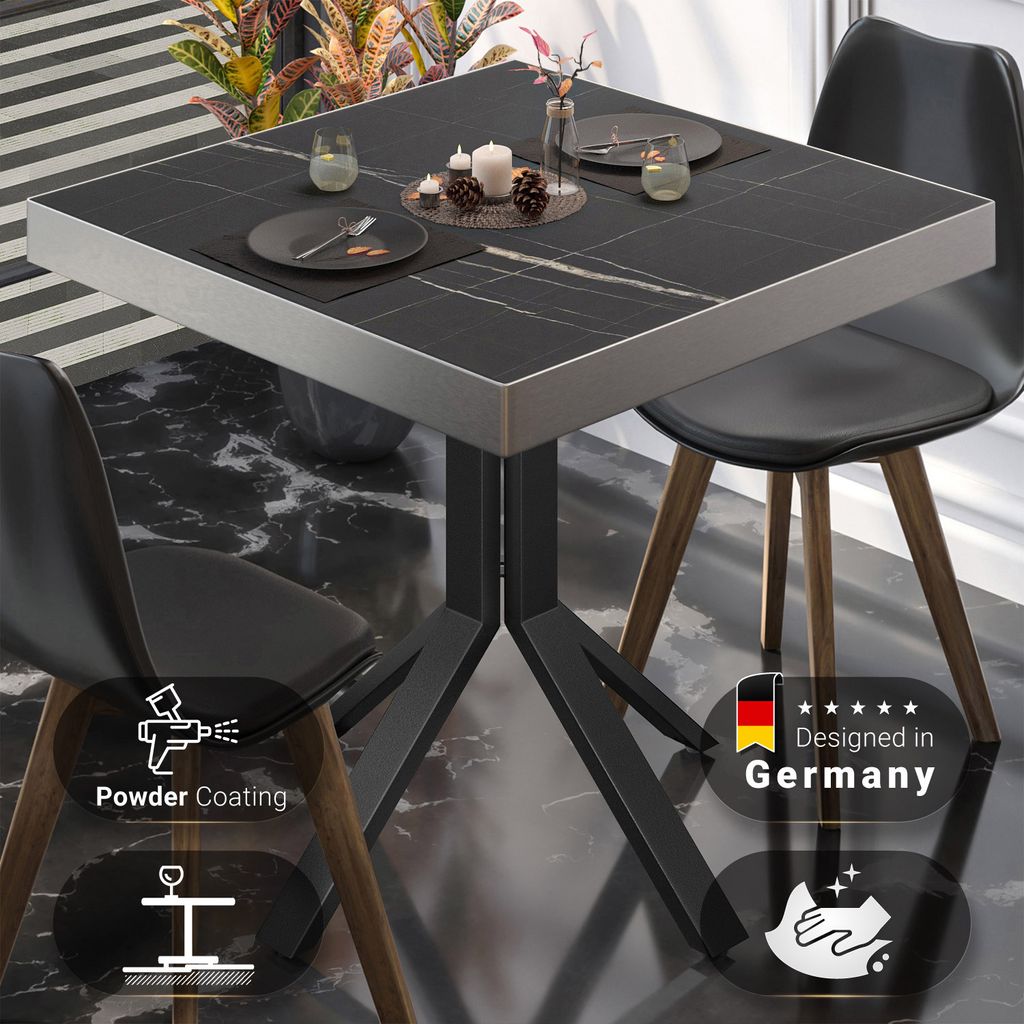 BE | Bistro Tisch | 60 x 60 x 77 cm | Quadratisch | Edelstahl Rand | Schwarz Marmor / Schwarz | Bistrotisch Gastro Tisch