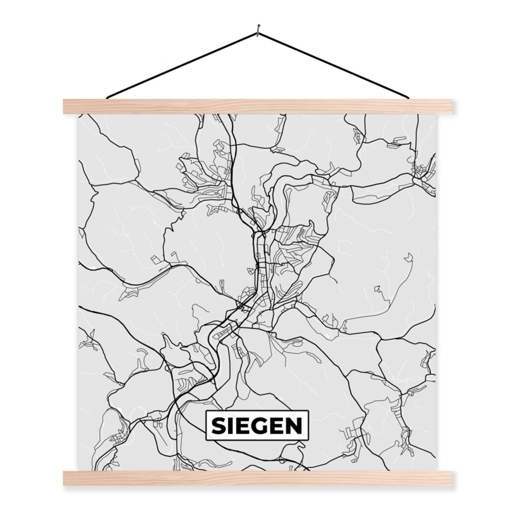 MuchoWow Textilposter Stadtplan - Deutschland - Siegen - Karte 120x120 cm mit holzfarbenen Rahmen - Textil-Poster