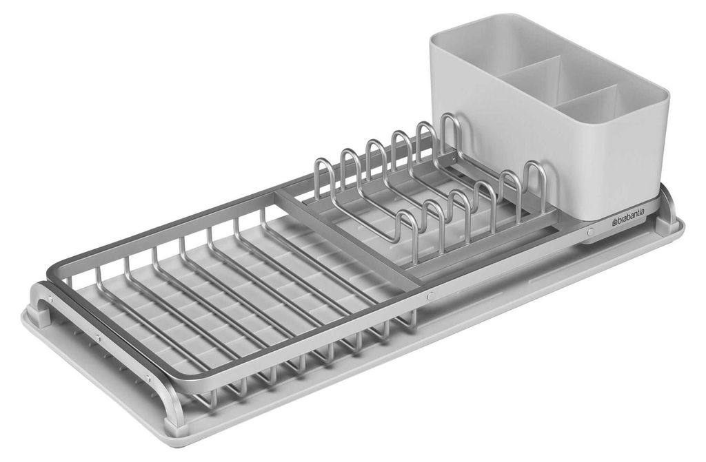 A dish drying rack with an integrated utensil holder.