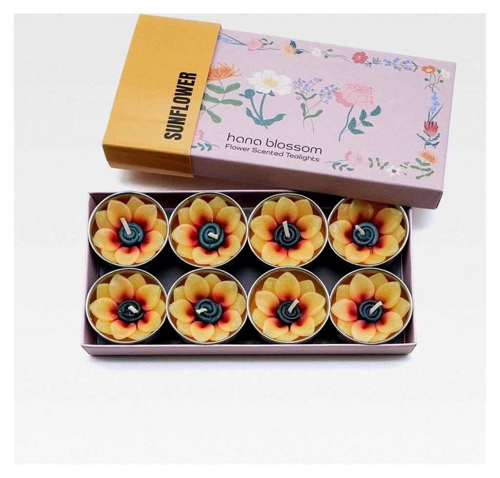 8 handgefertigte Sonnenblumen, Fairtrade-Set, Duftkerze, Geschenk