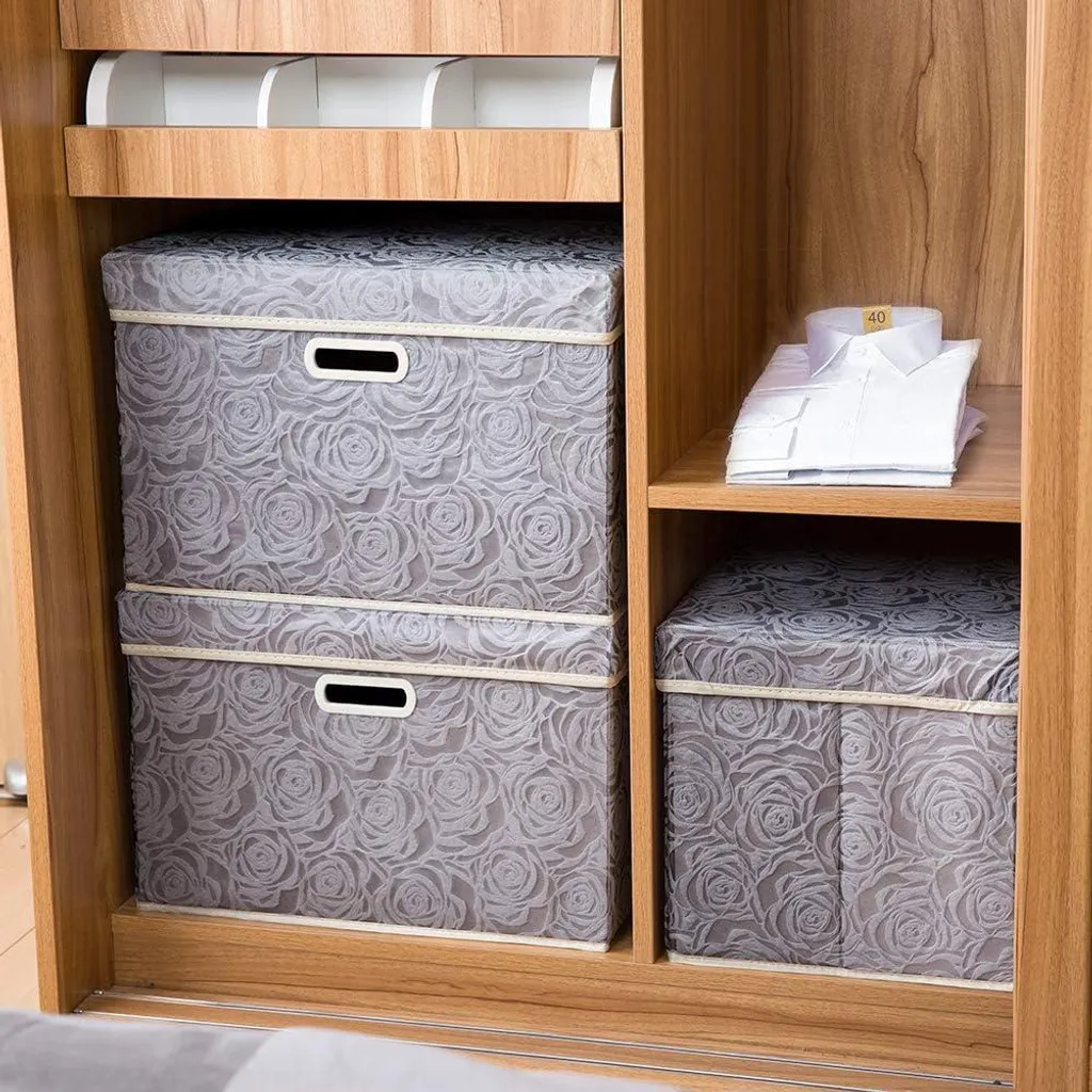 Boîte de rangement pliable grise 45x30x30 cm avec couvercle en tissu