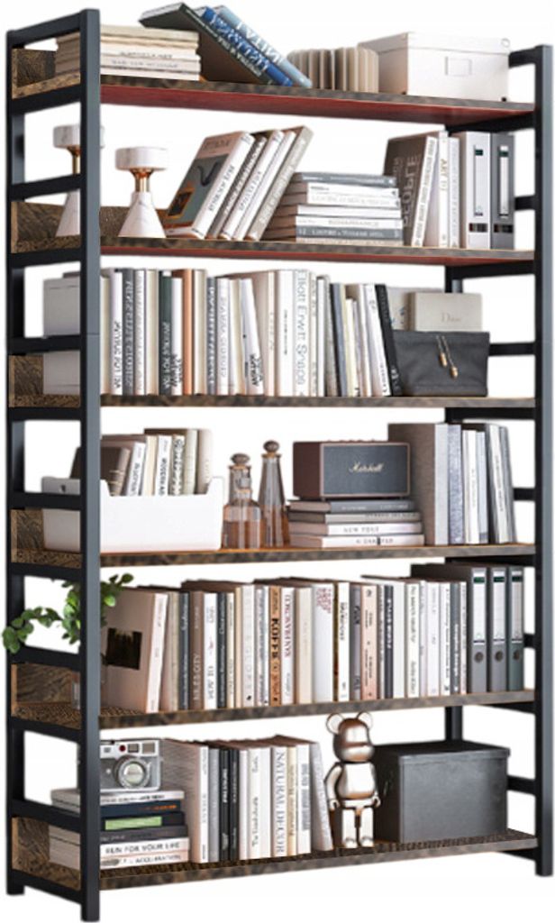 A multi-shelf industrial-style bookshelf filled with books and decorative items.