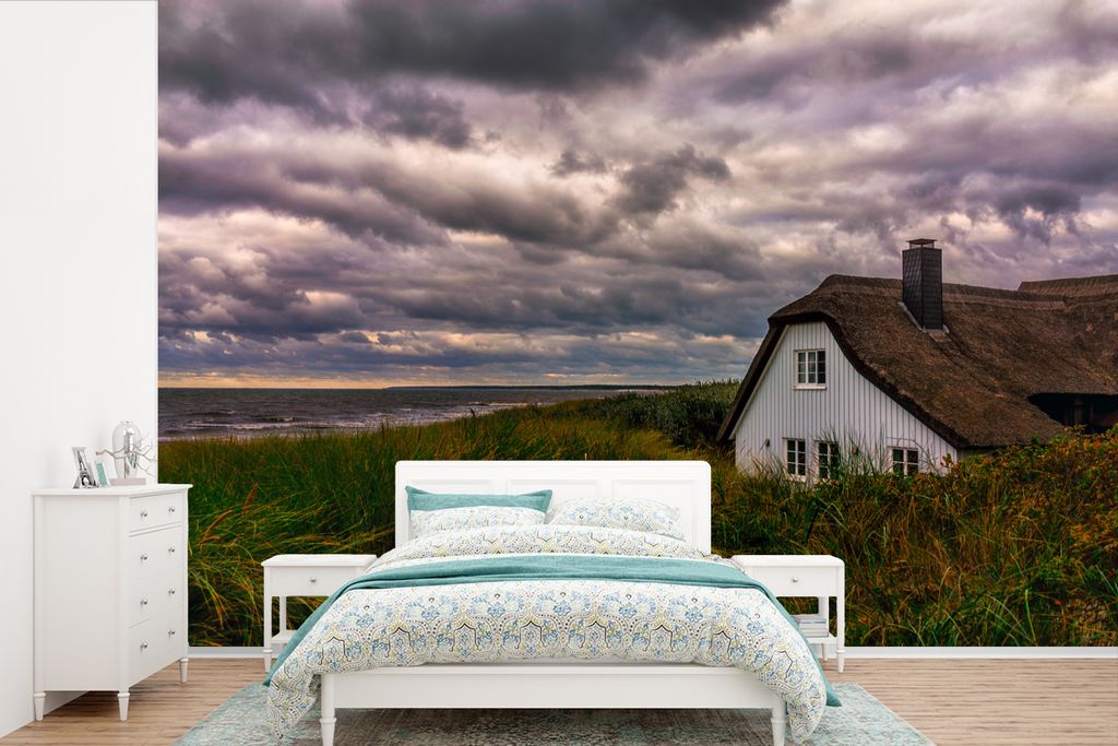 MuchoWow Fototapete für Wohnzimmer oder Schlafzimmer Wandtapete Vinyl Motivtapete Ostsee - Dünen - Haus - 360x240 cm - Vinyl-Tapete