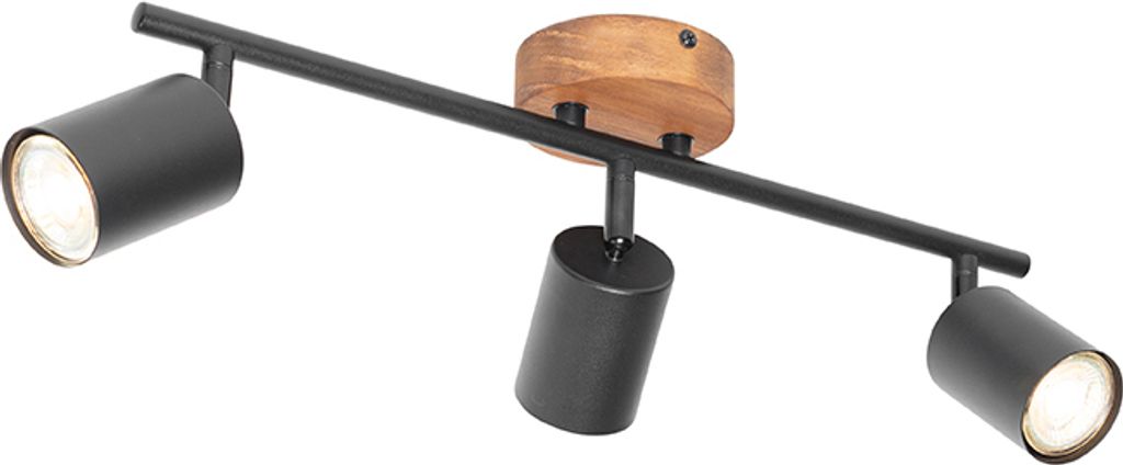 QAZQA - Industrie I Vintage I Industrie-Spot I Spotlight I Deckenspot I Deckenstrahler I Strahler I Lampe I Leuchte schwarz mit Holz schwenkbar 3-f...
