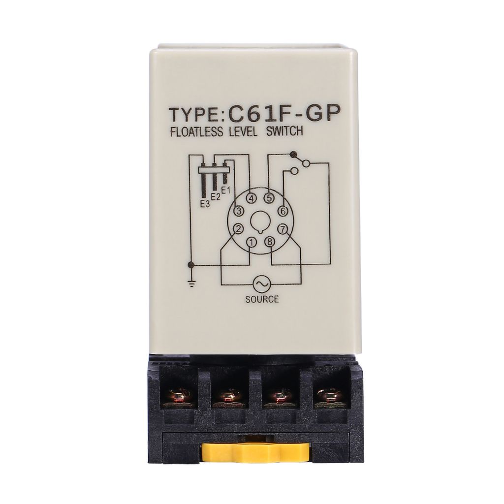 A floatless level switch controller with its base, shown against a white background.