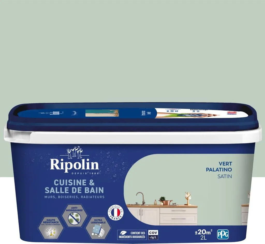 Peinture Ripolin cuisine et bain 2L vert palatino satin anti-taches