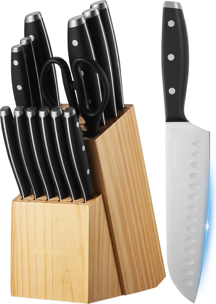Küchenmesserset - Messerblock-Set 15-teilig - Mit Wetzstahl - Klingen aus hochkohlenstoffhaltigem Edelstahl - Holz-Messerblock - Ergonomische Grif...