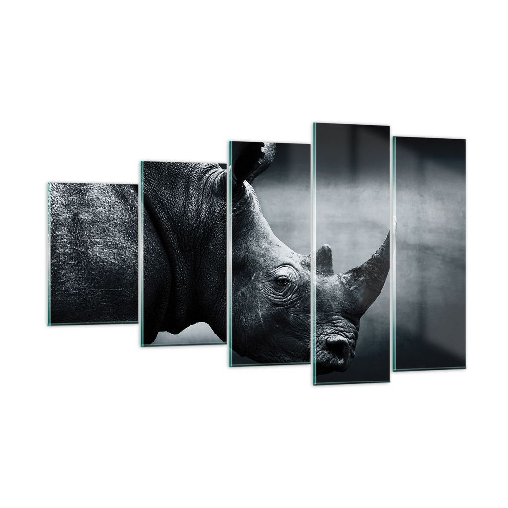 Bilder auf glas - 5 Teile - Nashorn Schwarzweiß Porträt - 100x60cm - Glasbilder - Wandbilder - Bilder - Wanddekoration aus Glas - Glas Bilder - W...