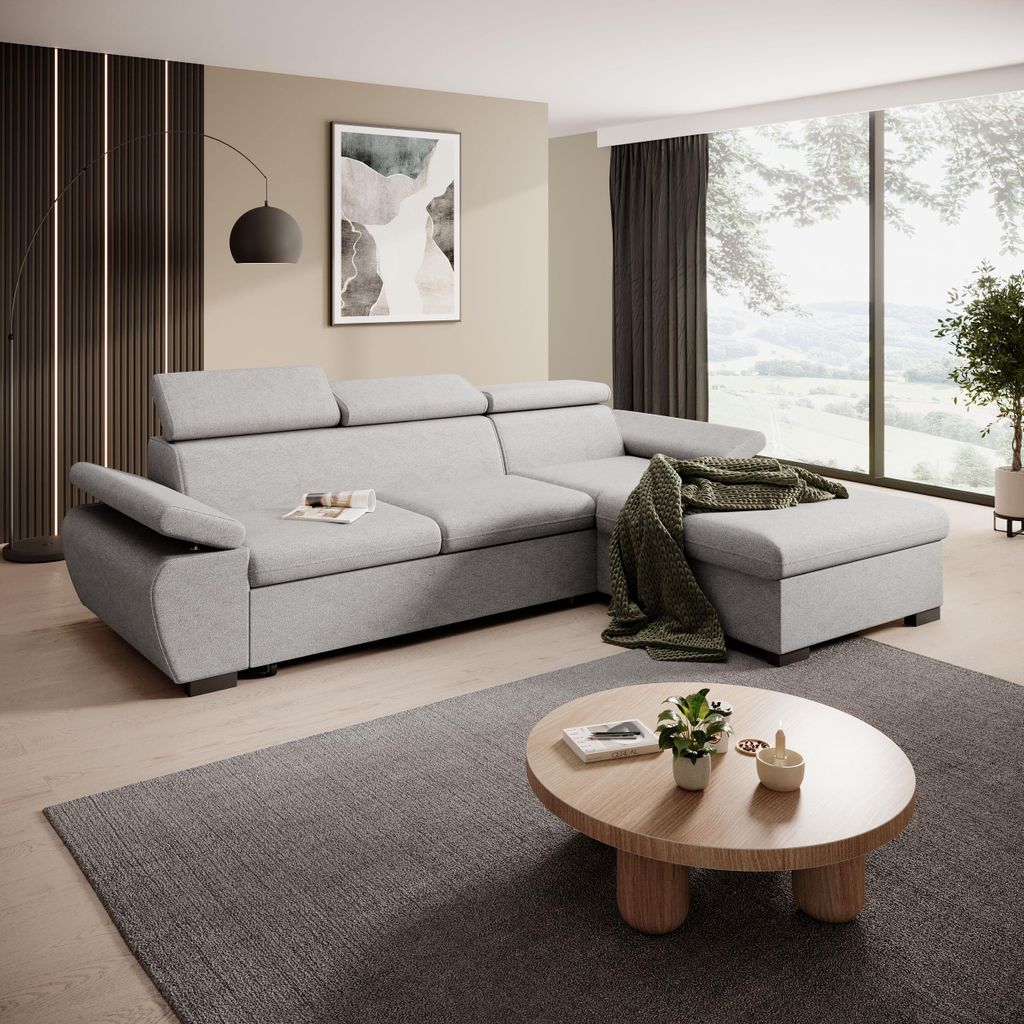 Ecksofa COCO L-förmig mit Schlaffunktion & Bettkasten – Velours Casa 22 Hellgrau – Eckseite Rechts – 270x190 cm
