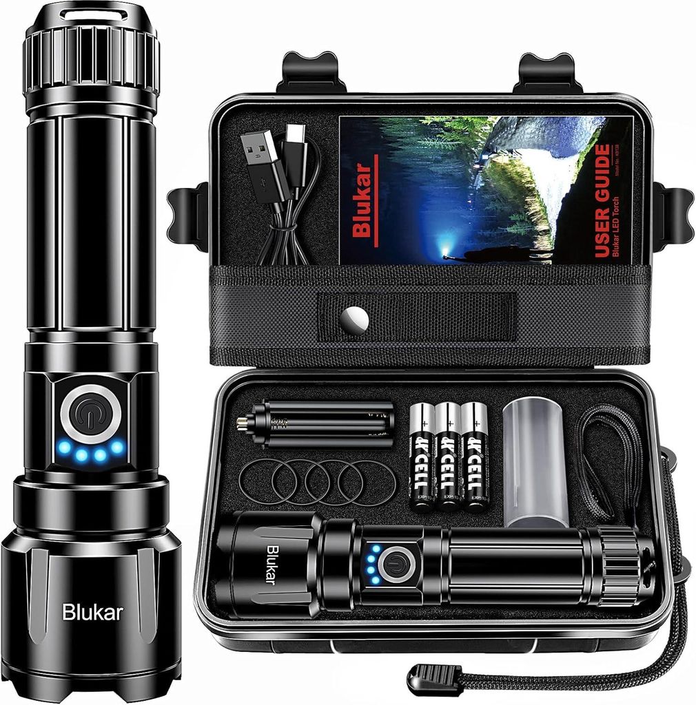 Blukar LED Taschenlampe Aufladbar, Extrem Hell & Zoombar, 5 Lichtmodi, IP67 Wasserdicht, Starke Flashlight Torch für Camping, Wandern,Outdoor,Notf...