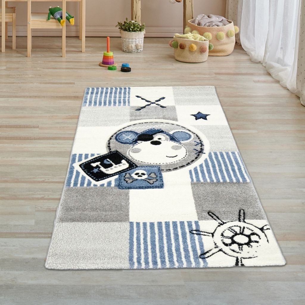 Kinderteppich Spielteppich Teppich Kinderzimmer Babyteppich Pirat Affe in Blau Größe - 80 x 150 cm