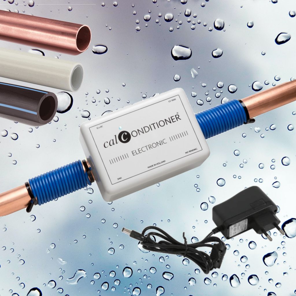 A water conditioner device attached to a copper pipe, with other pipes and a power adapter visible against a background of water droplets.