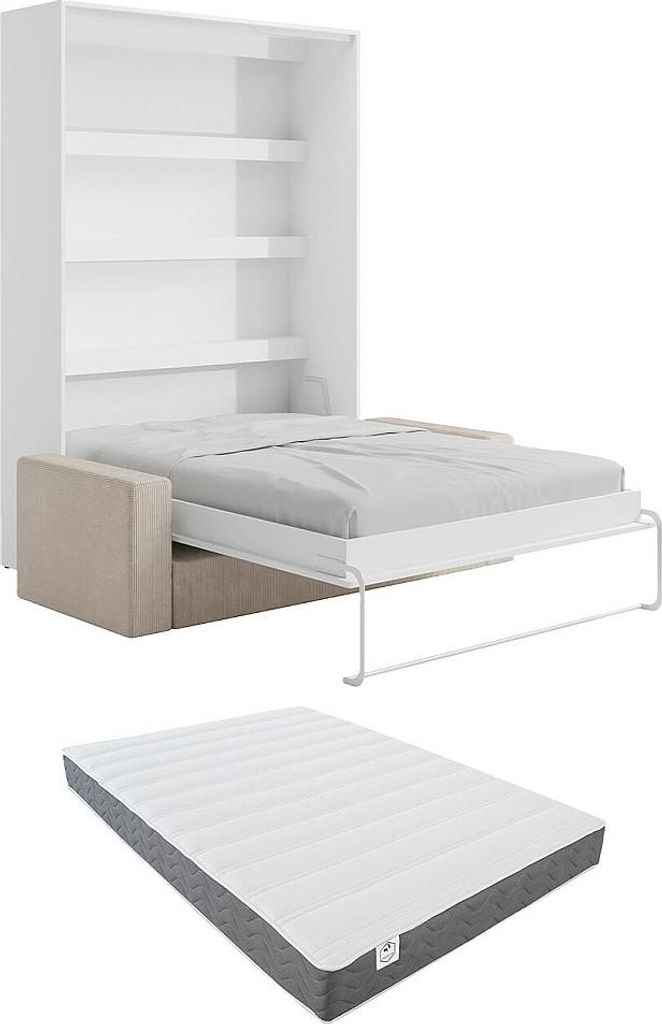 Schrankbett + Sofa + Matratze - 160 x 200 cm - Manuelle vertikale Öffnung - Mit LED-Beleuchtung - Weiß - RAPILI