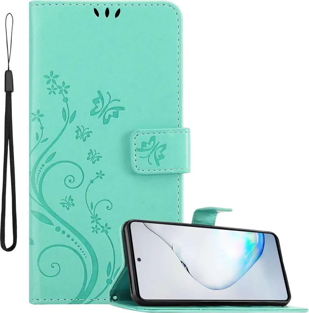Cadorabo cover per Samsung Galaxy A81 / NOTE 10 LITE / M60s in FLORAL TURQUOISE cover protettiva in design floreale con chiusura magnetica, funzione stand e slot per carte di credito flip case flower cover custodia per cellulare flap cover book case