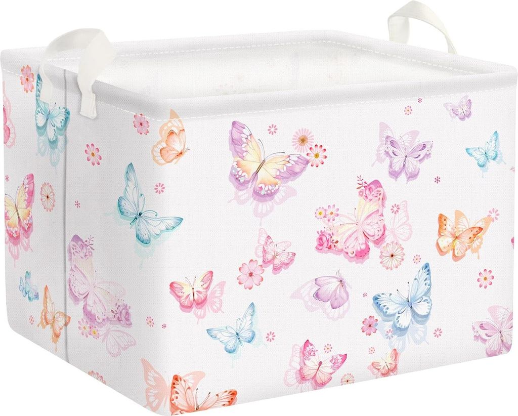 Große schöne Schmetterling lila Plüschkorb mit Griff faltbar rechteckig rosa Blumen Spielzeug Kleidung Würfel Aufbewahrungskorb für Kinderzimm...