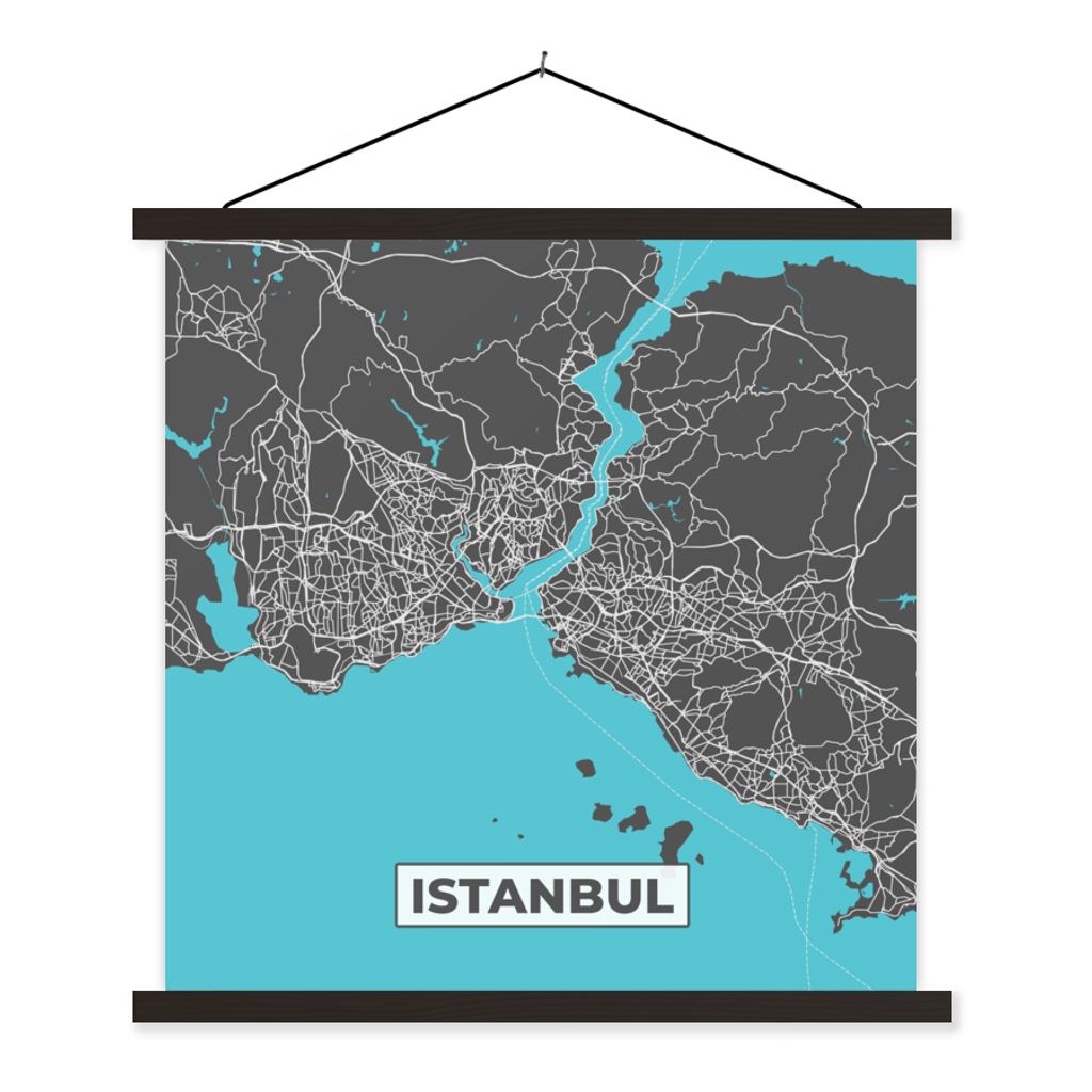 MuchoWow Textilposter Istanbul - Blau - Karte - Stadtplan - Karte 90x90 cm mit schwarzem Rahmen - Magnetisches