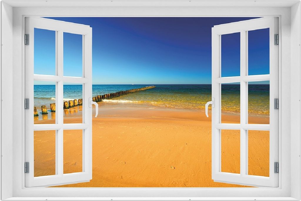 Wallario Wandbild mit Fenster-Illusion: Sandstrand in orange - Blaues Meer - Blauer Himmel, Größe: 61 x 91,5 cm, Poster mit rahmenlosen Bildhalter