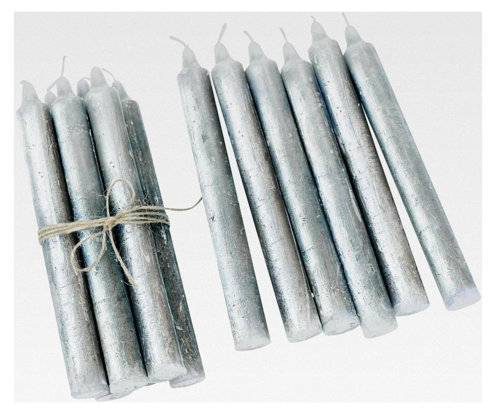 12er Set Kerzen Bauceau - Rustikales Finish - Handveredelt - Durchgefärbt & Geruchsneutral - Stabkerzen - Paraffinwachs, Silber