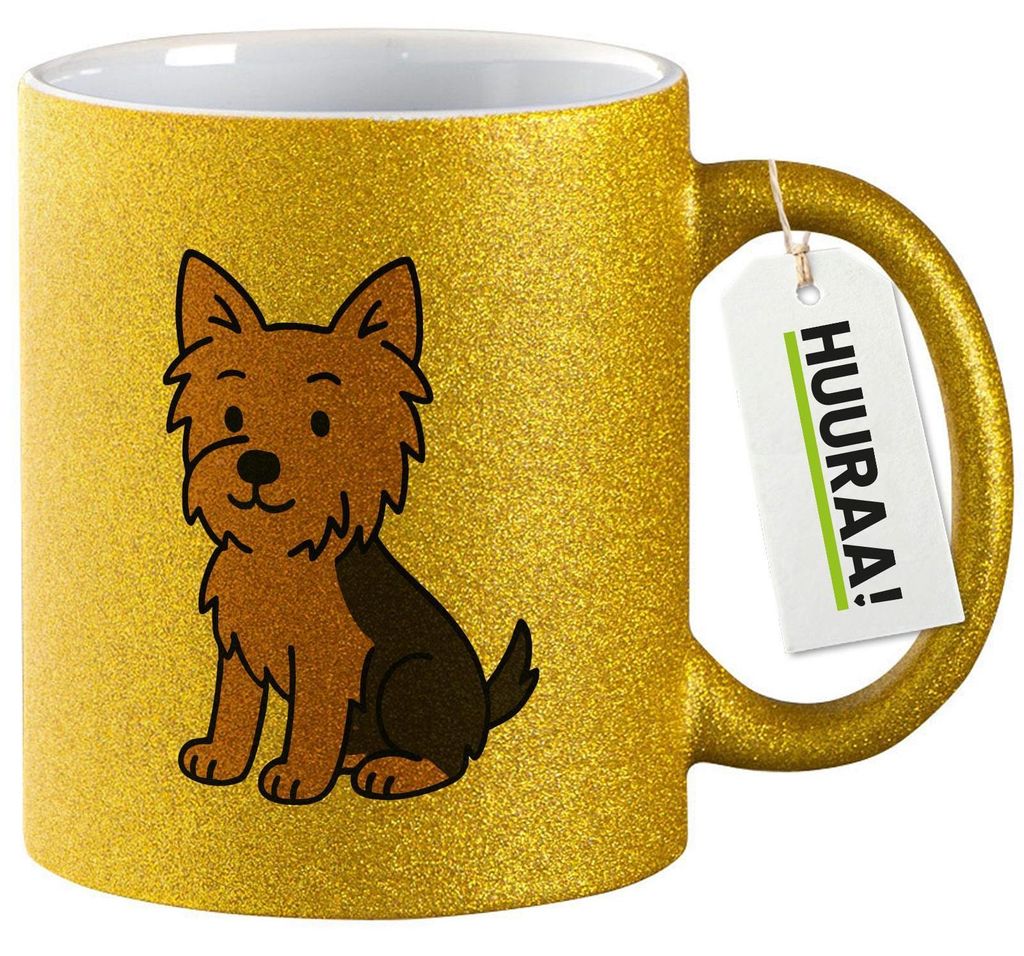 Huuraa Glitzertasse Yorkshire Terrier Yorkie Comic 330ml Gold Keramik Kaffeebecher Geschenkidee