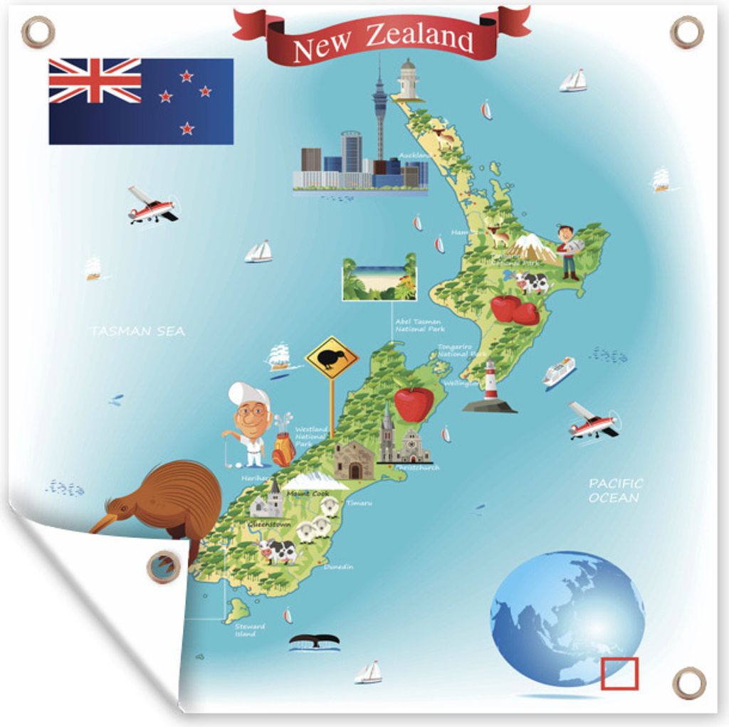 MuchoWow 30x40 cm Outdoor-Poster Gartendeko Sichtschutz Garten Poster für den Garten Eine Illustration der Karte von Neuseeland im Cartoon-Stil