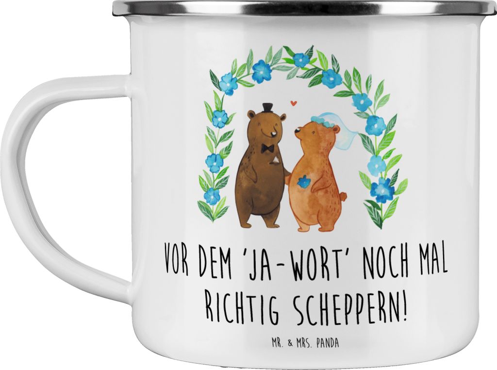 Mr. & Mrs. Panda Teetasse Polterabend Spaß - Weiß - Geschenk, Heirat, Emaille Becher, liebevoll gestaltet, Kaffeepott, Tasse, Glückssymbole, Hei...