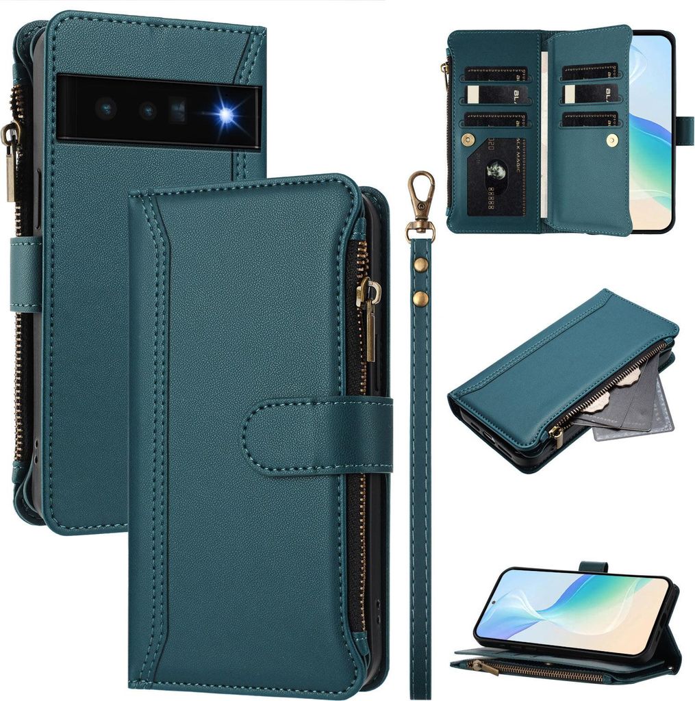 Handyhülle für Google Pixel 6 Pro Reißverschluss Geldbörse Kunstleder Klapphülle mit Kartensteckplatz, Ständer, Handschlaufe Grün