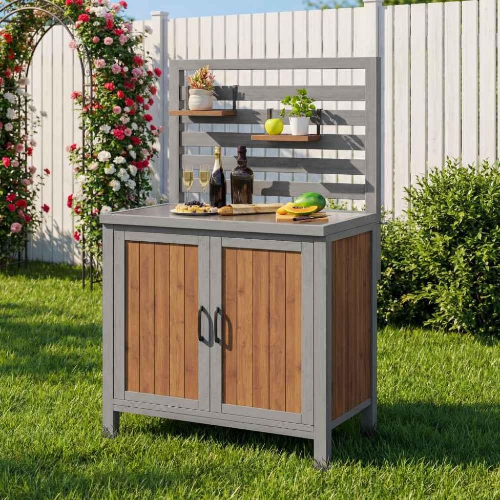 Wetterfester Geräteschrank aus Holz für Terrasse & Balkon, mit großer Arbeitsfläche, Schublade und verstellbaren Regalen, ideal als Grillstation.