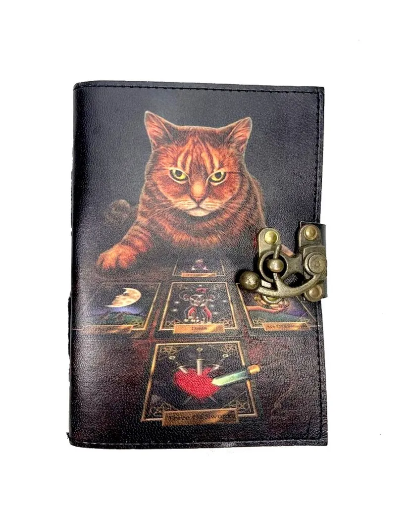 Diario Tarocchi Gatto in Pelle Vintage - Grimoire Magico Stampa UV - 1