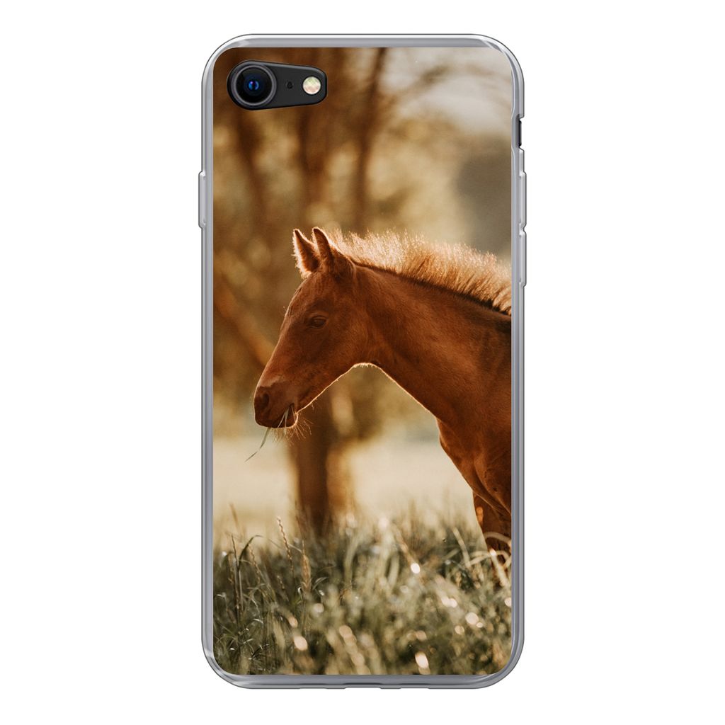 MuchoWow Handyhülle Schutzhülle Hülle für iPhone 8 Pferd - Licht - Wiese Silikon Softcase Handy Hülle - Schutzhaube