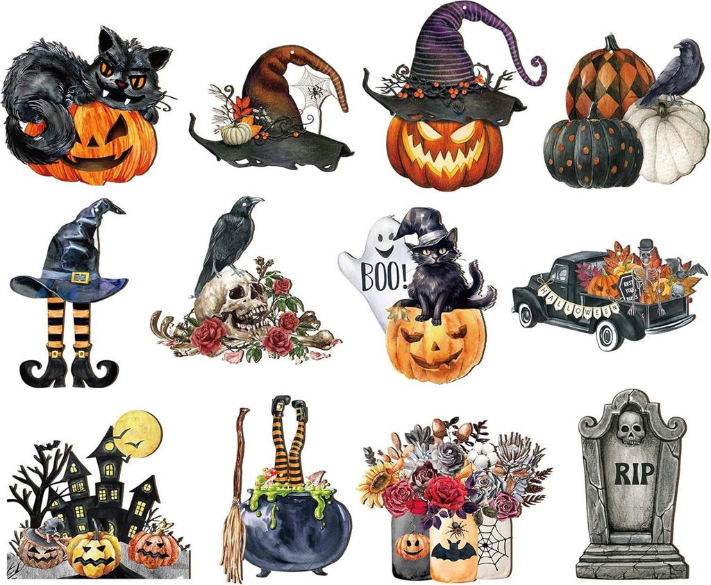 Halloween-Holzornament für Baum, Vintage-Hängedekoration, Kürbis, Hexe, schwarze Katze, Holzausschnitte für Halloween, Home-Party-Dekor