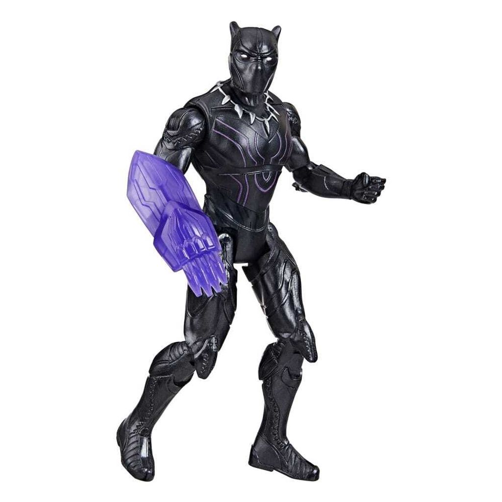 A Black Panther action figure with a purple accessory on its left arm, standing against a white background.