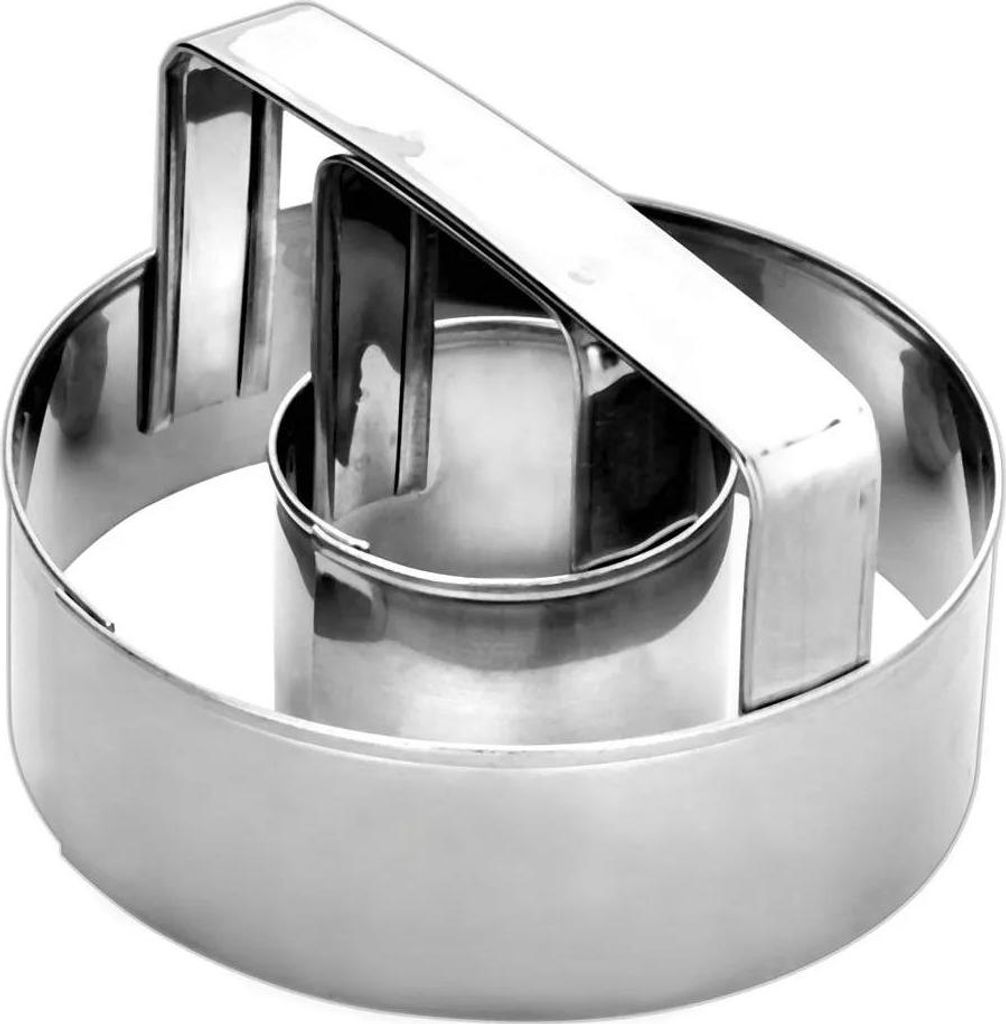 A stainless steel donut cutter is shown against a white background.