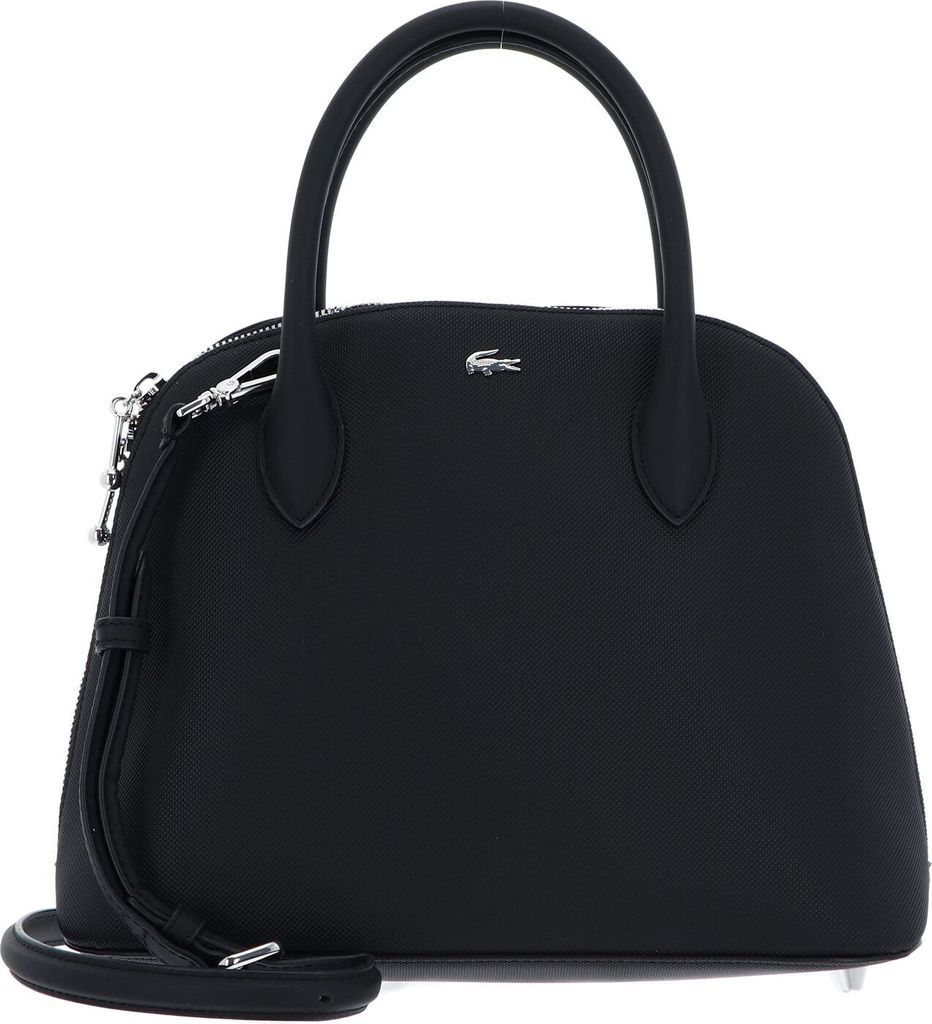 A black Lacoste handbag is shown against a white background.
