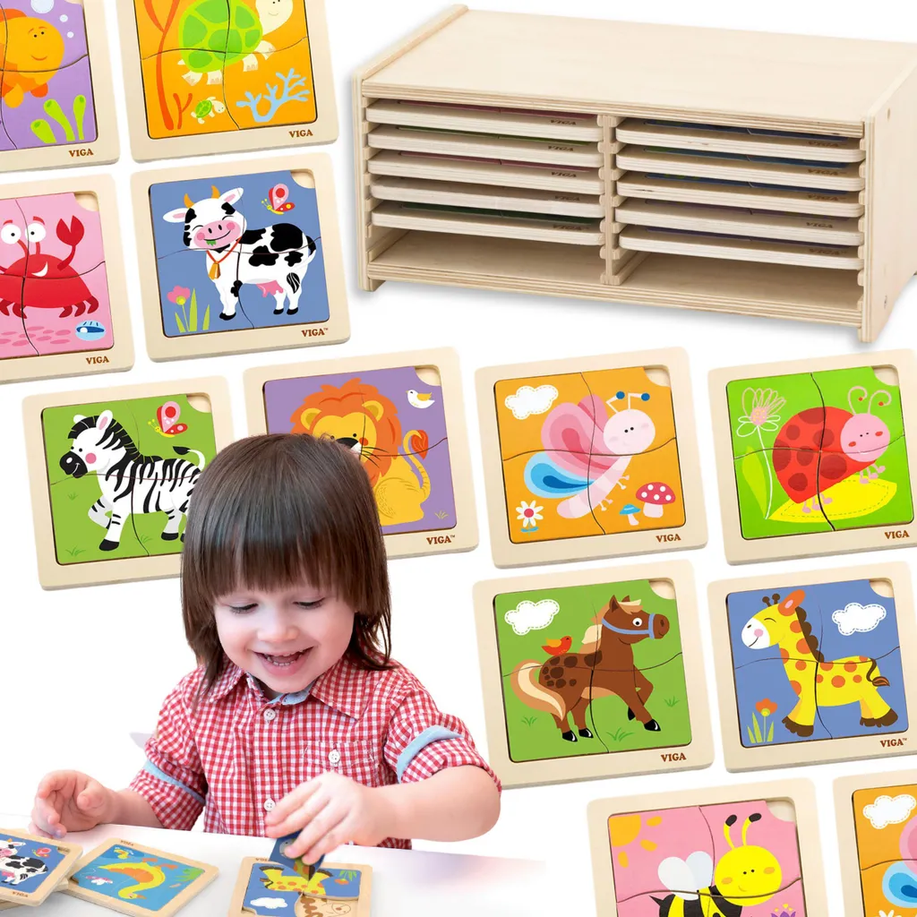 Puzzle en bois pour crèche et école : 12 planches VIGA avec leur support
