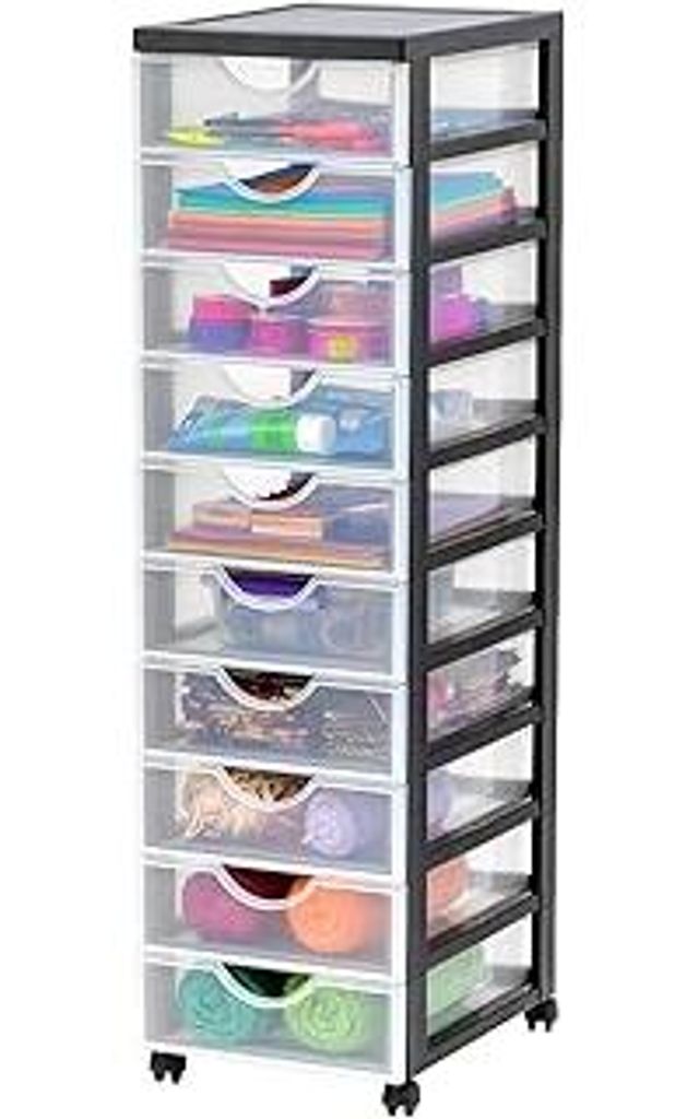 Iris Ohyama Kunststoff-Schubladenbox mit Rollen, 10 flachen Schubladen, Schwarz, Griffe zum Ziehen, Für Schlafzimmer, Schule & Büro, BPA-frei, Sc...