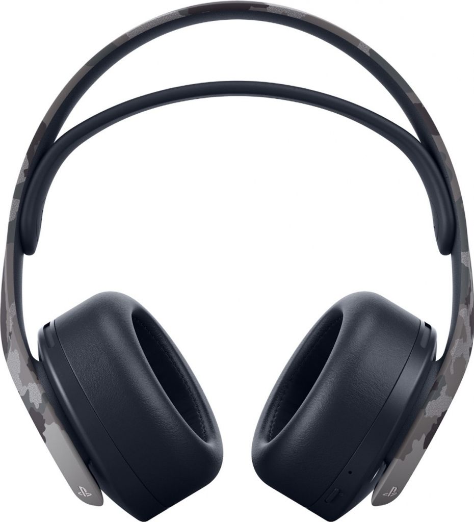 A pair of black and camouflage patterned wireless headphones are shown against a white background.